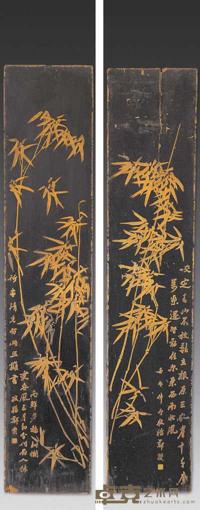 清 竹黄雕竹子对屏 172×37cm×2